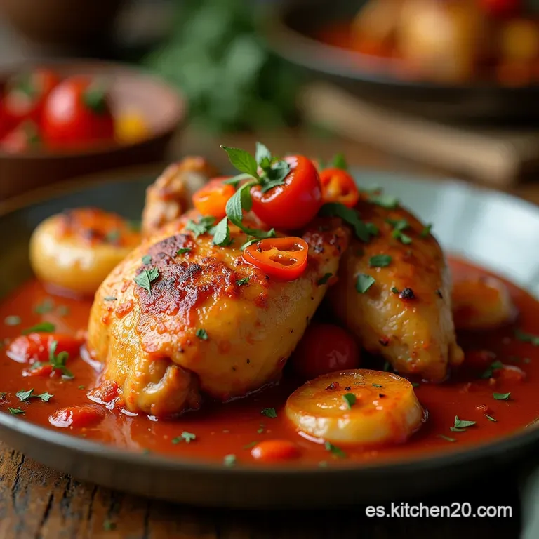 Pollo De Corral En Salsa Roja Muslos Jugosos Con Pimientos Asados Y El Alma Del Piment&oacute;n presentation