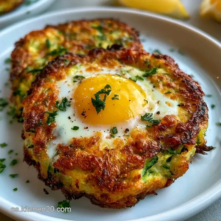 Nidos de calabacín verde brillante con costra de queso tostado, dispuestos elegantemente con un toque de pimienta negra.