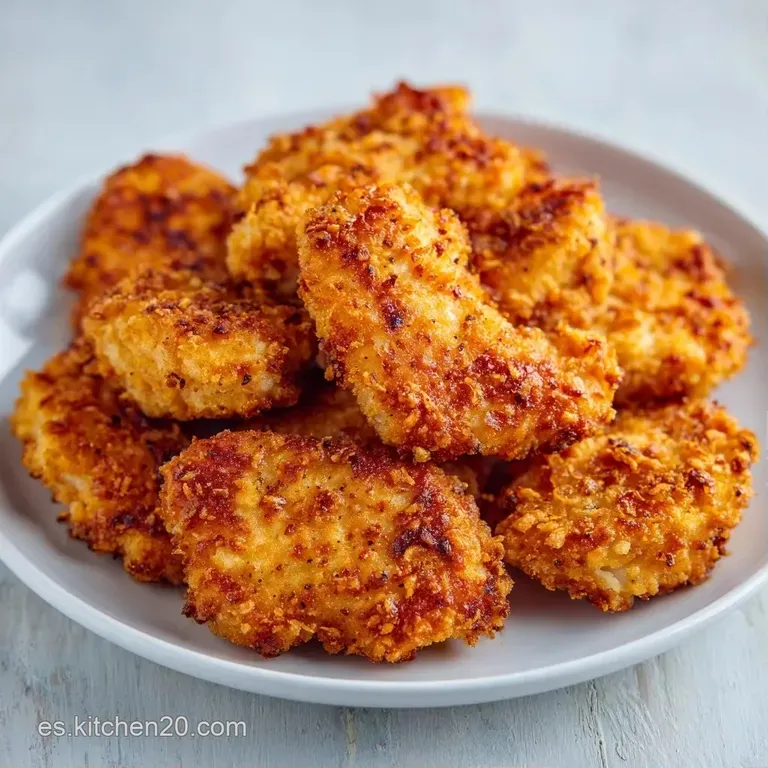 Nuggets dorados apilados sobre papel kraft, decorados con gotas de salsa cremosa y una ramita de romero arom&aacute;tico.