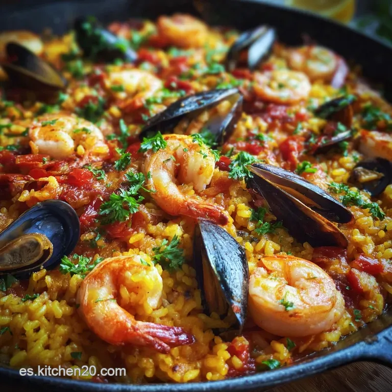 Elegant paella portion showcasing plump shrimp, tender calamari, and golden rice, garnished with parsley and a lemon slice.