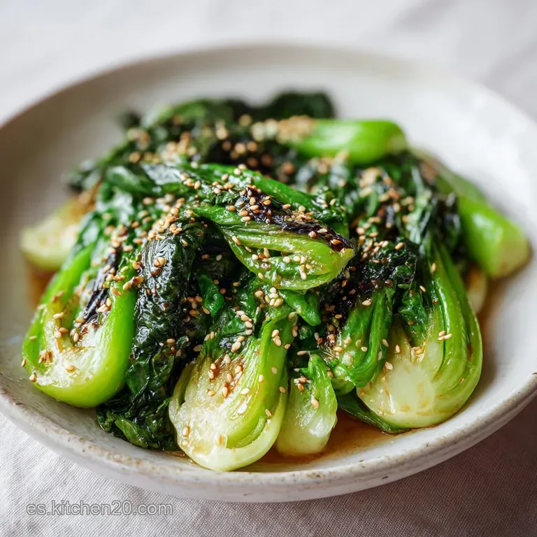 Plated pak choi stir-fry with delicate, slightly charred leaves, glistening sauce, and a sprinkle of sesame seeds atop whi...
