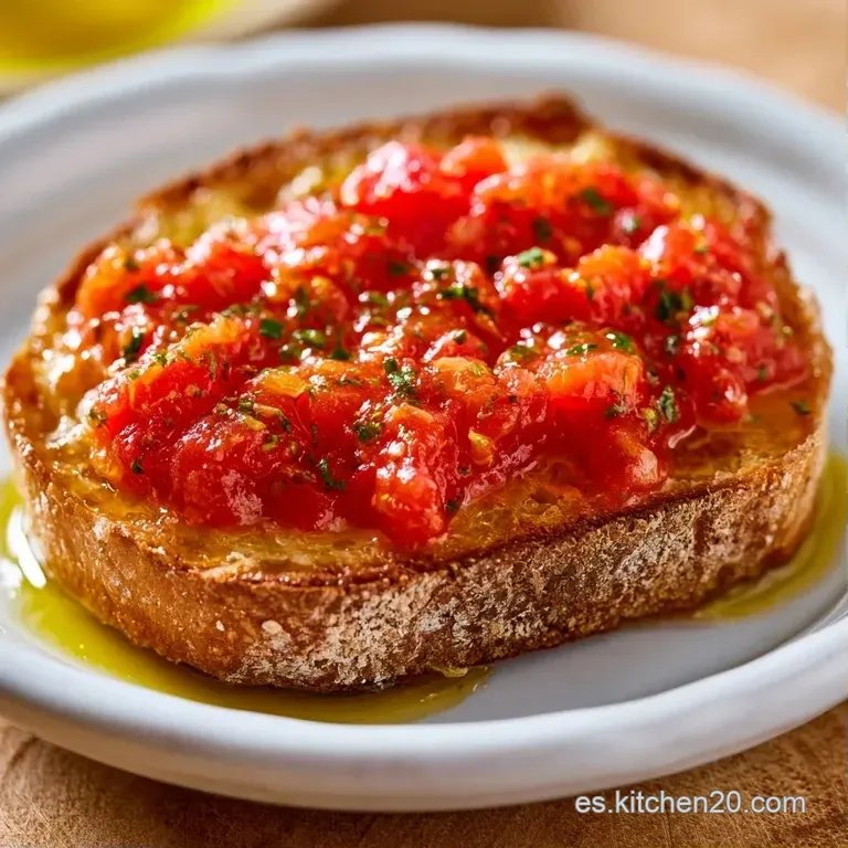 Pan crujiente con tomate fresco sobre plato de cer&aacute;mica blanca, resaltando el contraste del rojo intenso y el dorado.