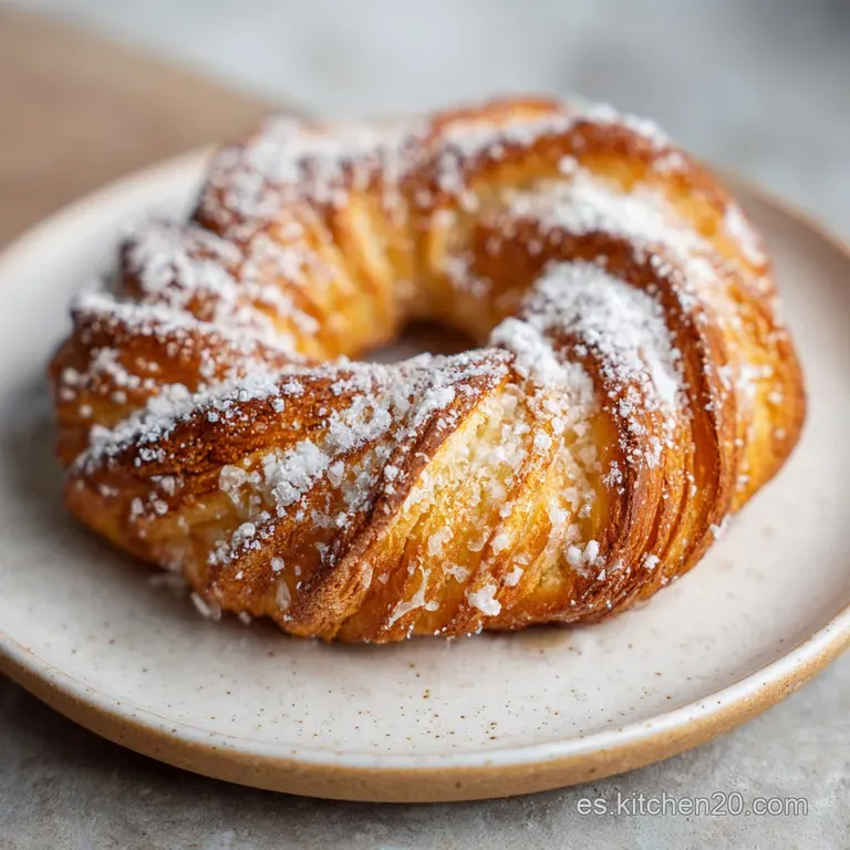 A slice of rich, golden Pan de Calatrava, drizzled with caramel, presented on a pristine white plate with a silver spoon.