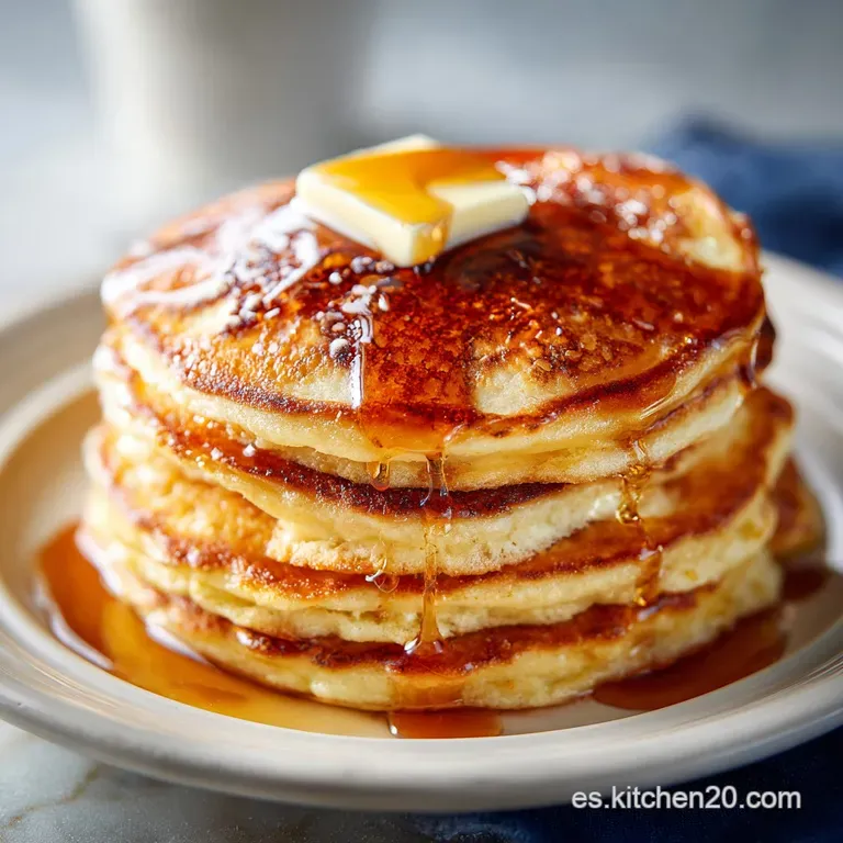 Three warm, light pancakes topped with fresh strawberries and blueberries, dusted with powdered sugar, presented on a whit...
