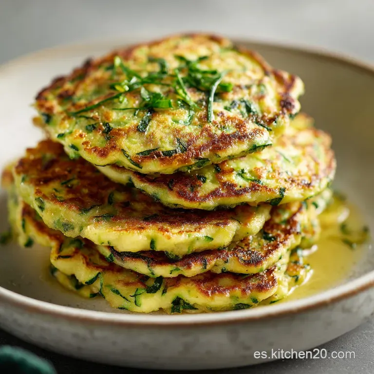 Neatly stacked zucchini pancakes drizzled with syrup and topped with vibrant red berries on a white plate, ready to eat.