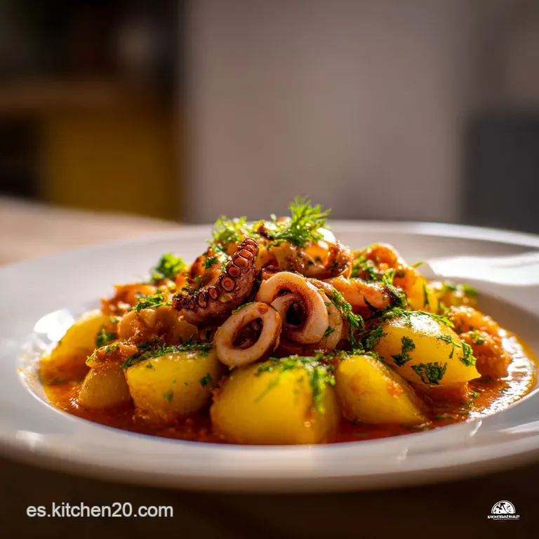 A single portion of dark cuttlefish and crisp potatoes, artfully arranged and garnished with fresh herbs on a white plate.