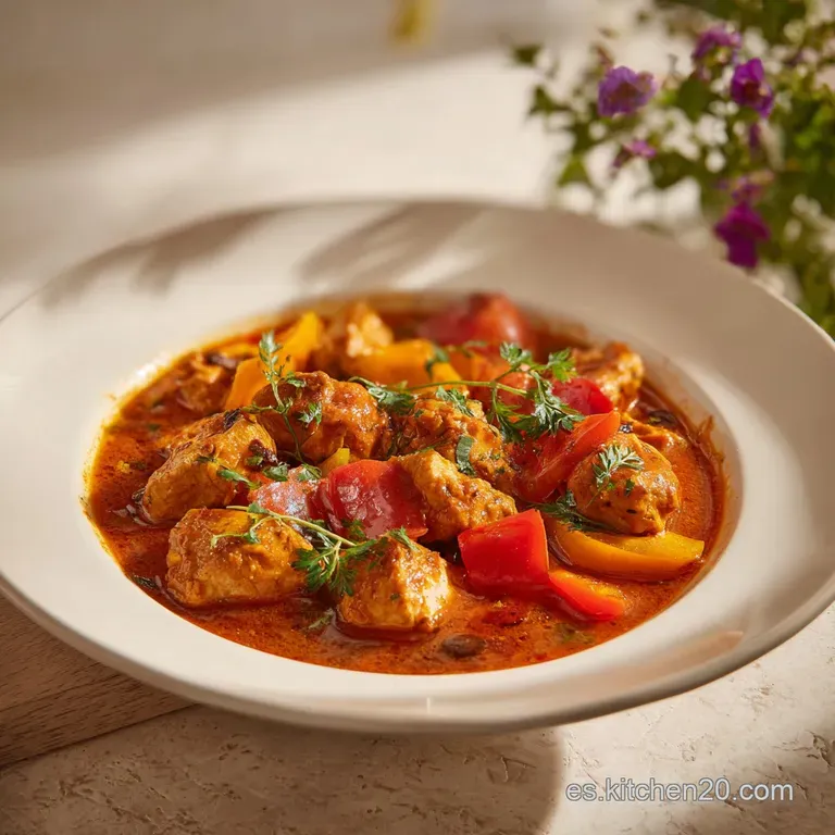 A rustic bowl overflowing with rich, paprika-infused chicken stew, topped with dollops of cream and fresh green parsley.