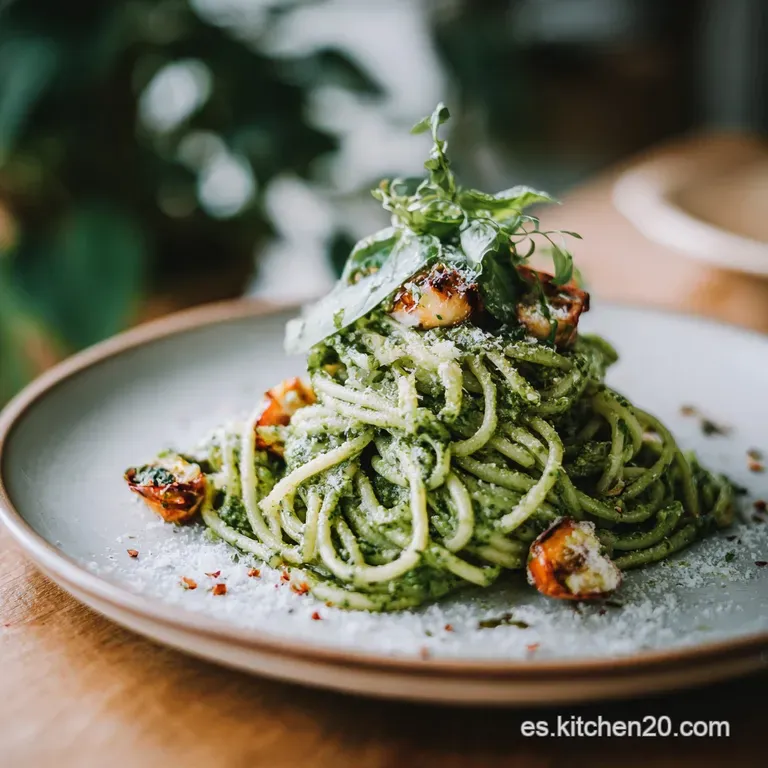 A swirl of verdant pesto pasta artfully arranged on a white plate, garnished with Parmesan shavings.