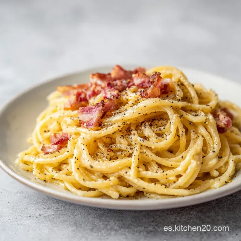 Pasta enrollada con salsa blanca brillante, trozos crujientes de cerdo dorado y lluvia de queso blanco rallado.