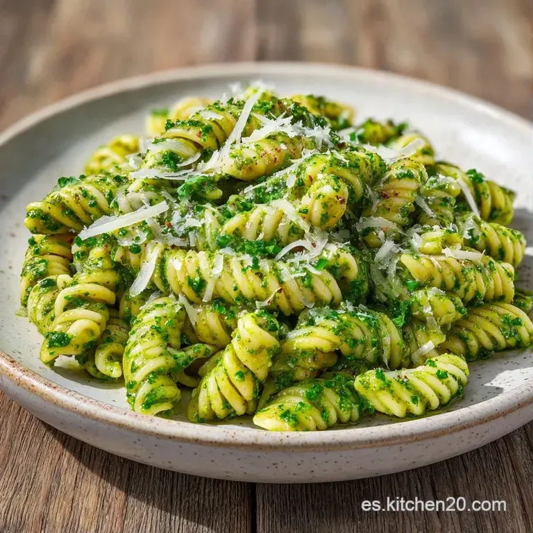 Mont&oacute;n circular de pasta untuosa en tono verde brillante, decorada con pi&ntilde;ones tostados y queso rallado sobre fondo neutro.