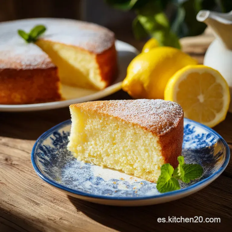 Slices of bright yellow lemon cake on a delicate porcelain plate. Airy, sugary texture with a sweet and tart glaze.