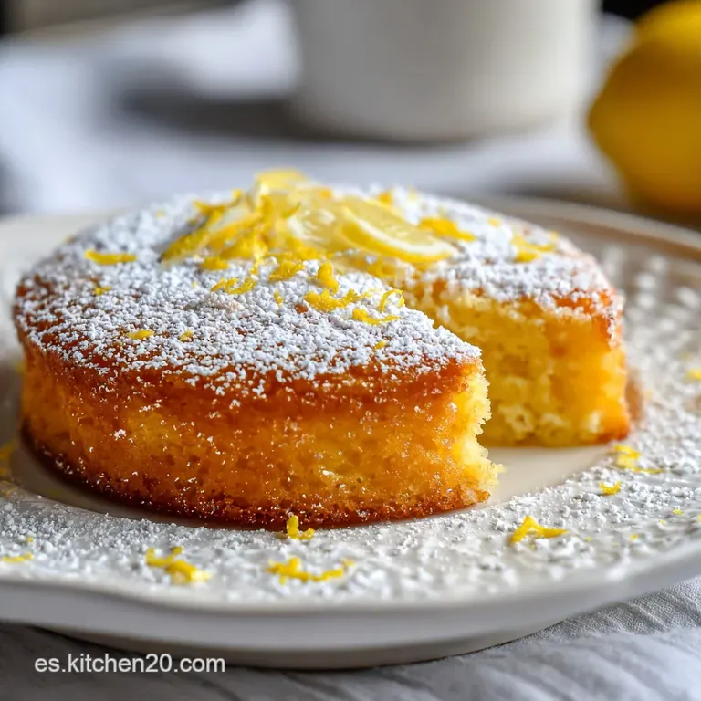 Porci&oacute;n de pastel amarillo con centro cremoso, adornada con menta fresca y gotas de alm&iacute;bar sobre porcelana blanca.