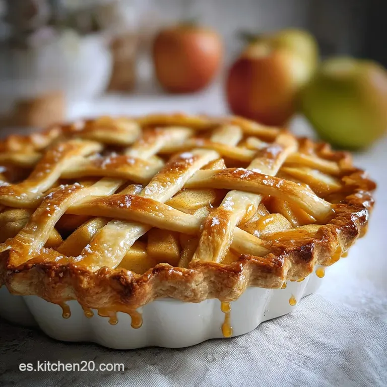 Warm apple pie slice with flaky crust beside a scoop of melting vanilla ice cream, lightly drizzled with caramel sauce.