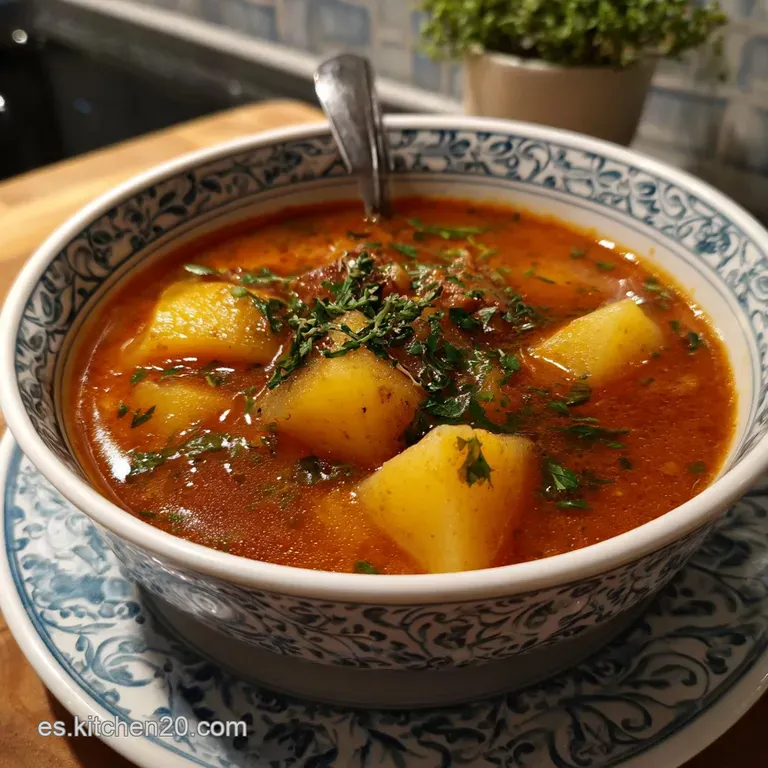 A deep bowl filled with tender potatoes in a paprika-infused sauce. Garnished with parsley and a drizzle of olive oil. Inv...