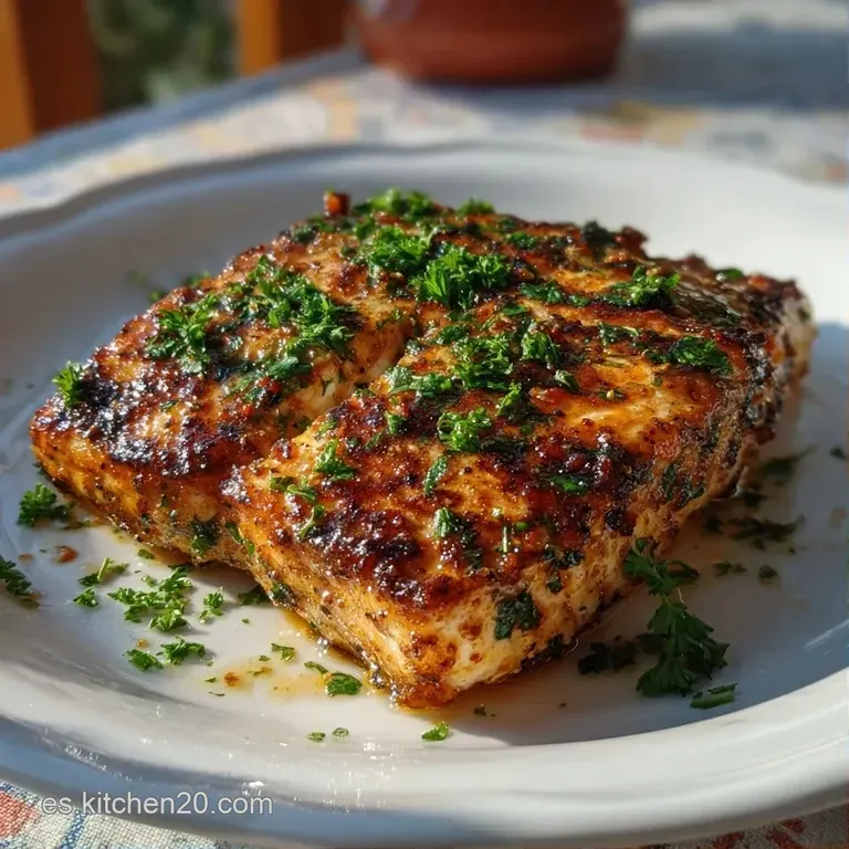Pescado blanco sellado con gotas de aceite brillante y perejil fresco, dispuesto con elegancia en porcelana blanca.