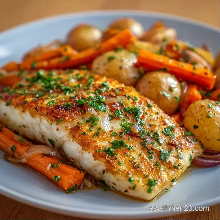 Filete blanco brillante con costra dorada, rodajas de patata tierna y una rodaja de lim&oacute;n amarillo en plato cer&aacute;mico.