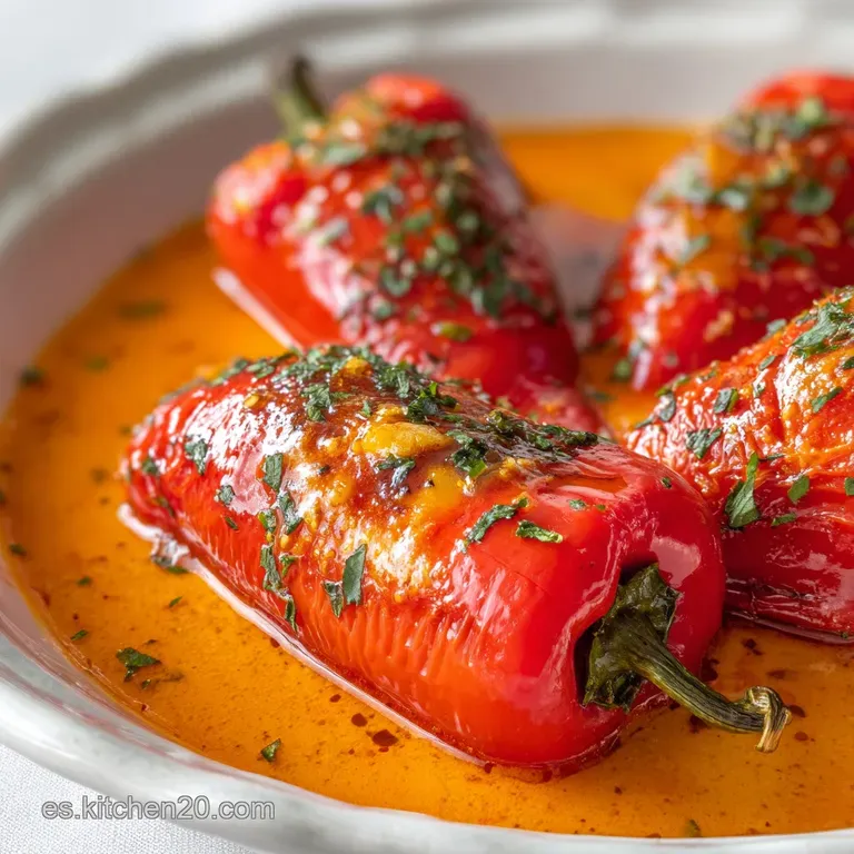 Elegant plate featuring vibrant red peppers overflowing with creamy white filling. Garnished with fresh herbs, a culinary ...