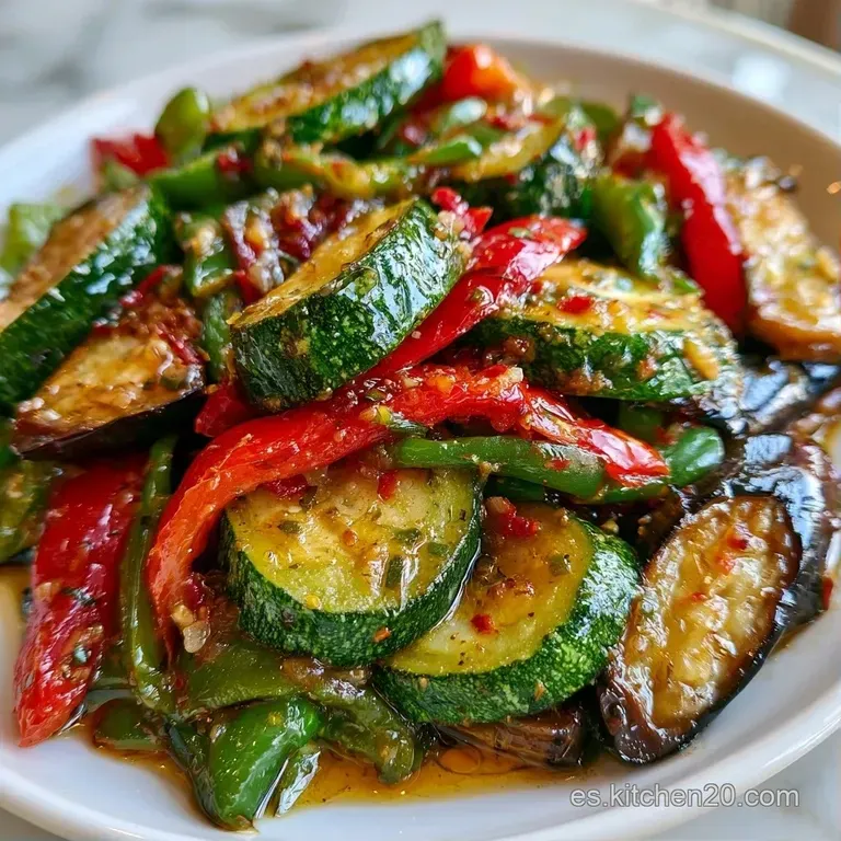 Plato blanco con un guiso espeso de colores vibrantes, trozos suaves de hortalizas y un toque de aceite brillante.