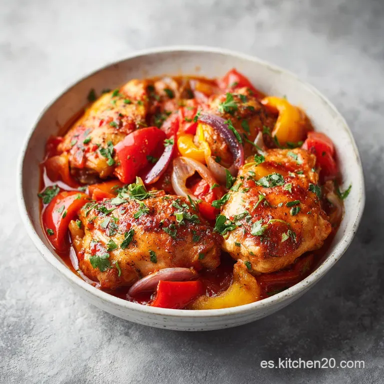 A rustic terracotta bowl brimming with chicken and a savory sauce, garnished with fresh parsley.