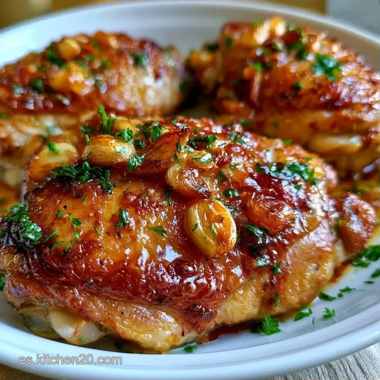 Presa de pollo brillante y tostada dispuesta con cuidado, adornada con l&aacute;minas de ajo dorado y hojas de perejil.