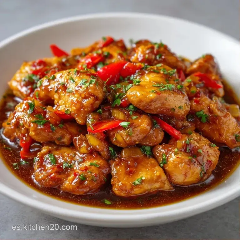Plato blanco con pollo en salsa rojiza brillante, decorado con hojas verdes frescas sobre una mesa de madera r&uacute;stica.