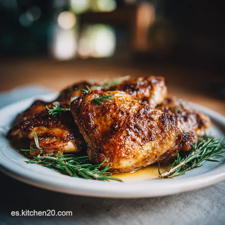 Juicy roasted chicken quarter plated with vibrant, caramelized carrots and herbs. Focus on glistening skin and steam rising.