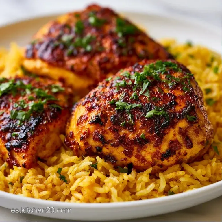 Arroz moldeado con trozos de pollo jugoso, una salsa brillante y una rama de perejil sobre un fondo neutro elegante.