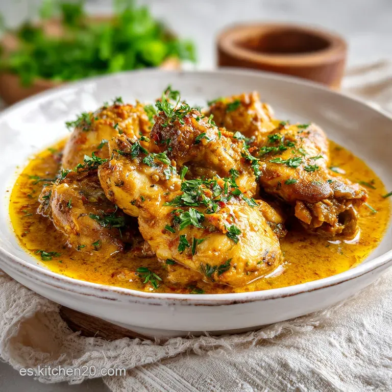 Elegantly plated chicken in vibrant, saffron-infused sauce, garnished with fresh parsley. Creamy mashed potatoes complete ...