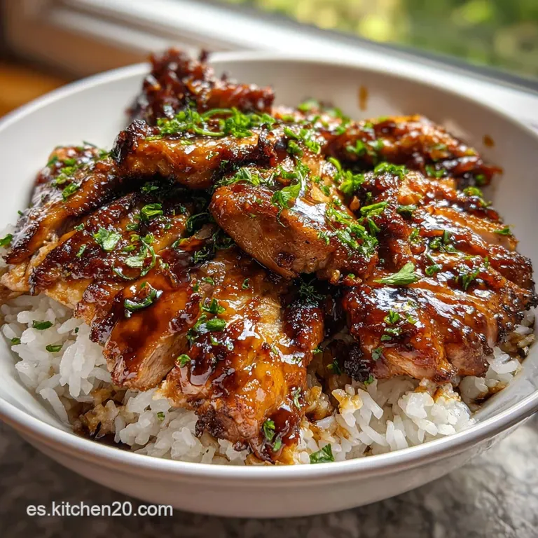 Glossy teriyaki chicken resting on a bed of rice, garnished with sesame seeds, presented with chopsticks in a modern bowl.