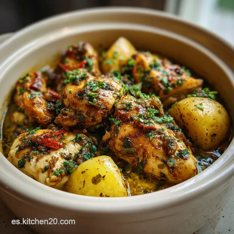 Tender chicken and potato stew, elegantly plated with a sprinkle of fresh herbs, bathed in a glistening, flavorful sauce.