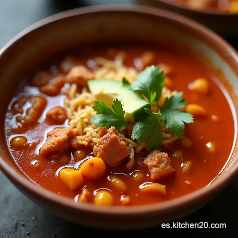 El Abrazo Rojo Pozole de Cerdo Tradicional con Salsa de Chiles Secos Ahumados
