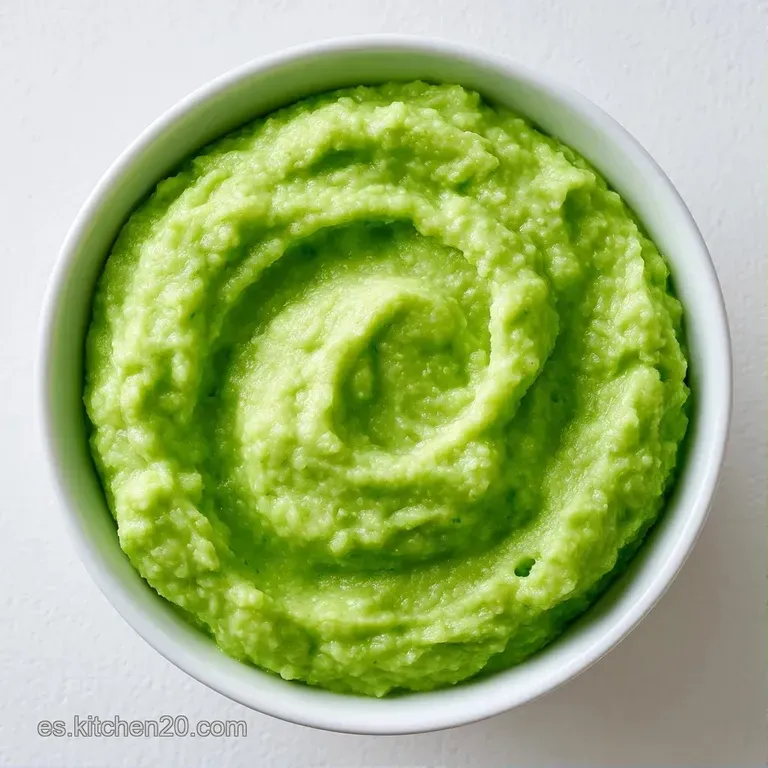 Cuenco blanco con puré verde pastel, textura cremosa, adornado con una hoja fresca y gotas de aceite brillante.