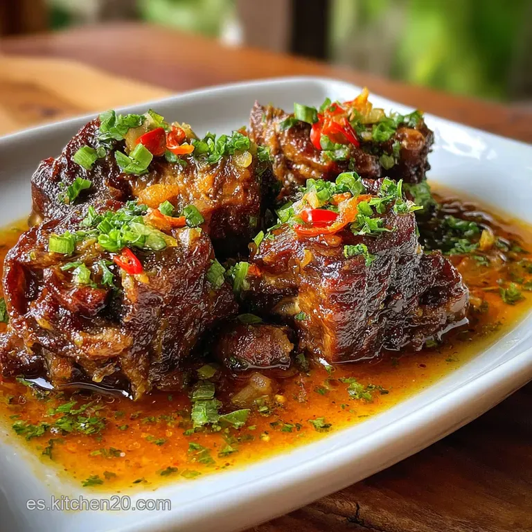 Elegant plate of tender oxtail, braised to a deep brown hue, nestled amongst creamy mashed potatoes with vibrant green par...