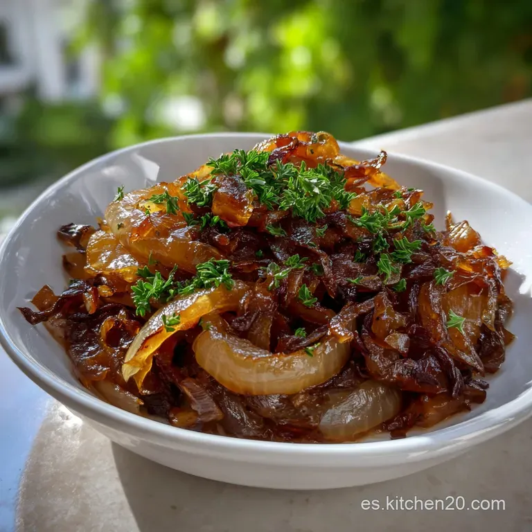 Glistening, dark onion reduction artfully swirled on a white plate, garnished with fresh herbs, ready to be the perfect si...