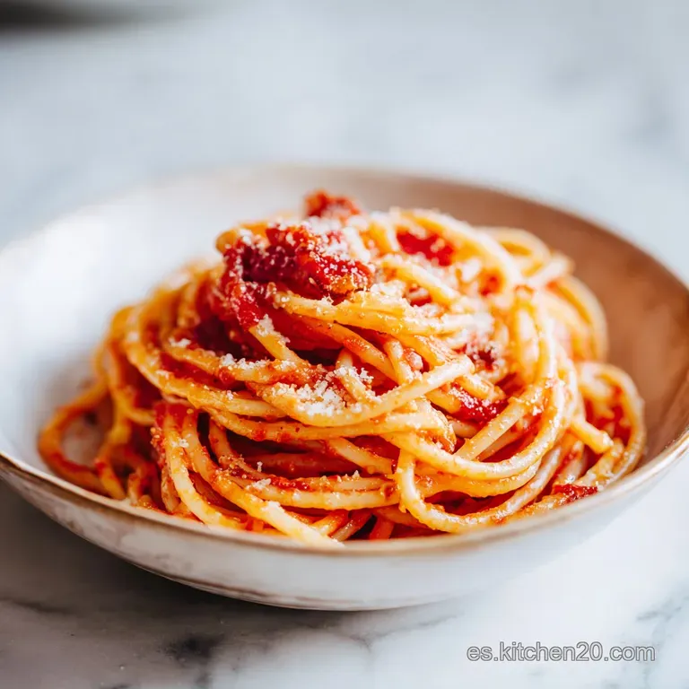 A steaming bowl of bucatini, generously coated in a rustic tomato sauce, topped with savory guanciale.