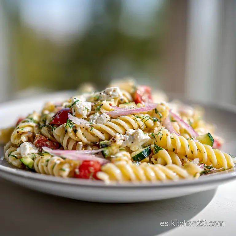 A single serving of chilled pasta salad, piled high on a white plate, showcasing the fresh ingredients.