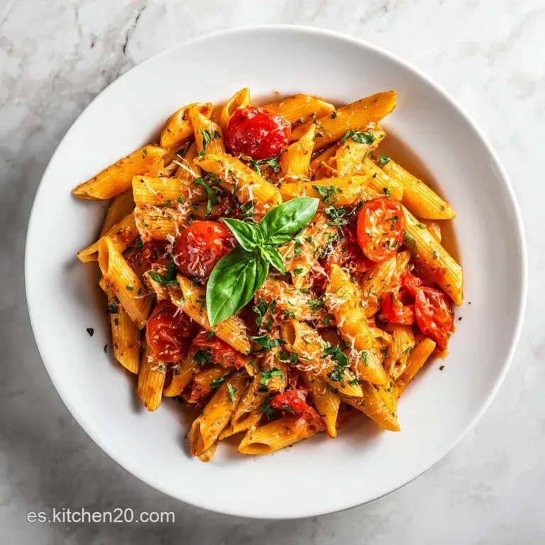 A rustic plate piled high with glistening pasta, glistening with spicy red sauce and topped with fresh basil.