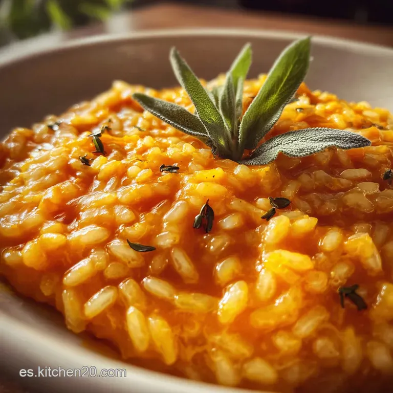 Elegant plate of vibrant orange risotto, garnished with toasted pepitas and a drizzle of olive oil, hinting at warmth and ...