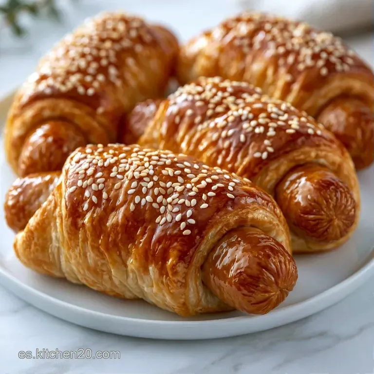 Rollitos de masa hojaldrada dorada dispuestos artísticamente con una guarnición fresca sobre porcelana blanca brillante.