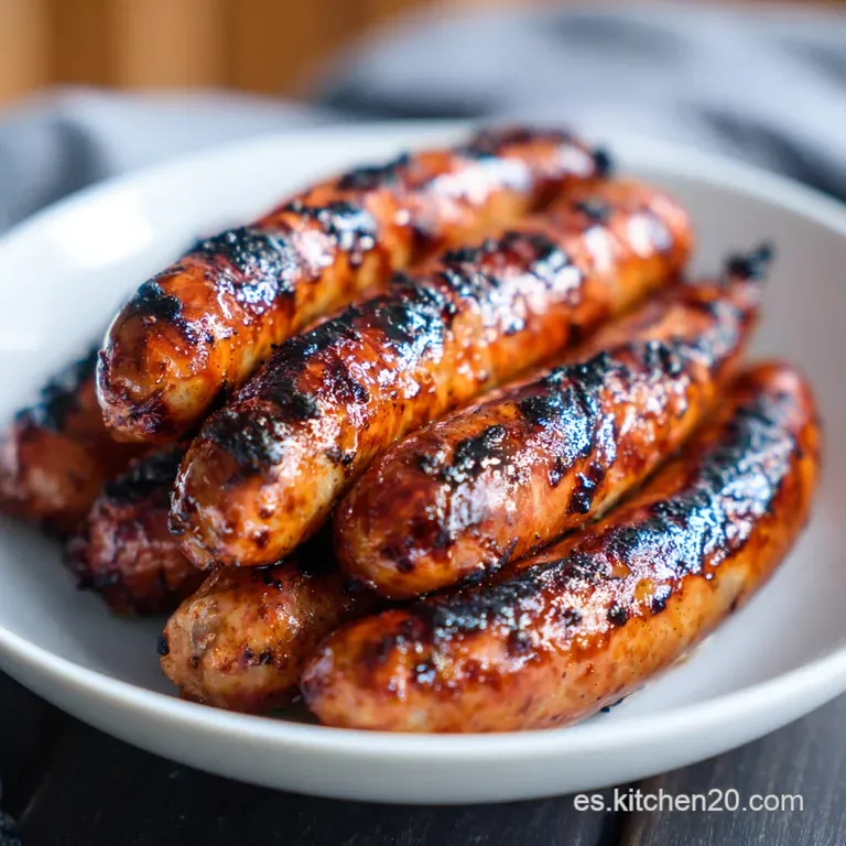 Plump, grilled sausages fanned across a rustic wooden board, drizzled with a rich, dark glaze.