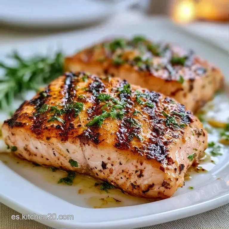 Salm&oacute;n asado de color naranja vibrante, adornado con finas l&aacute;minas de lim&oacute;n c&iacute;trico y un toque de hierbas verdes frescas.