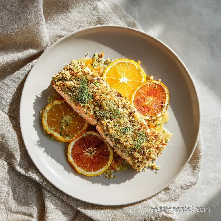 Flaky salmon fillet atop a bed of vibrant roasted vegetables, elegantly plated with lemon wedges and a sprinkle of fresh h...