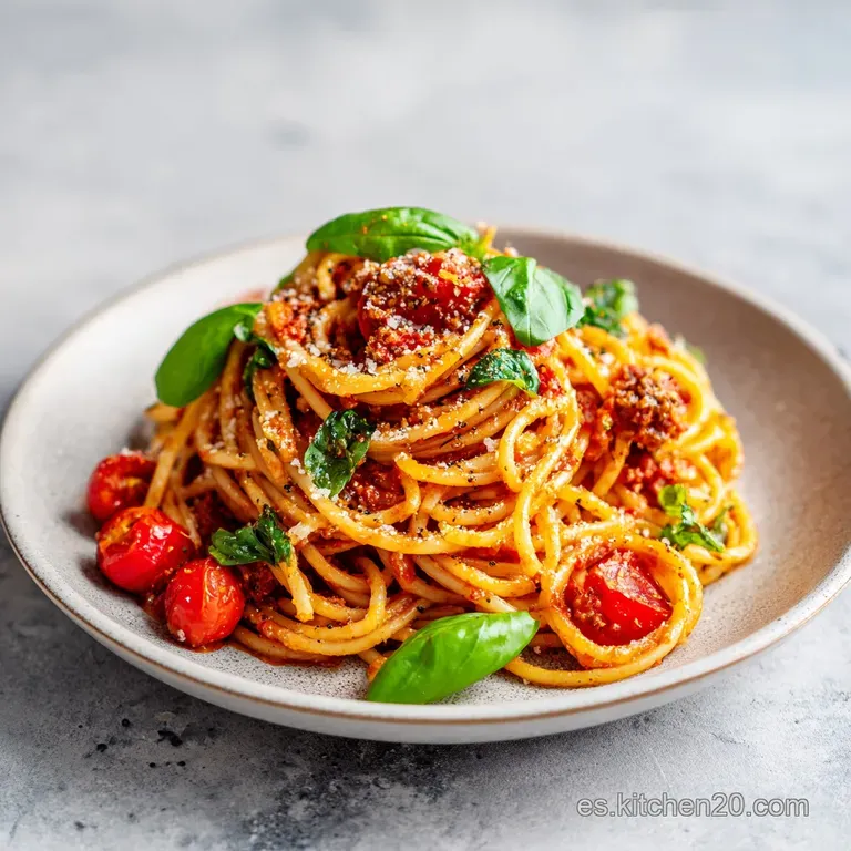 A steaming swirl of bright red pasta, topped with a sprinkle of fresh green herbs and a drizzle of oil.