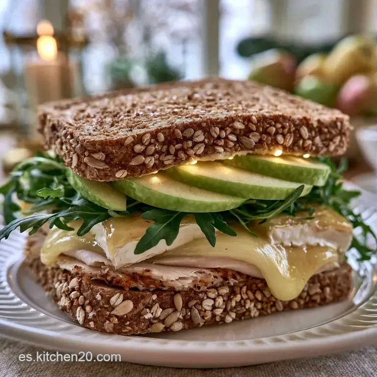 Dos mitades de sándwich en plato blanco, resaltando el contraste del queso blanco fundido y el verde de la manzana.