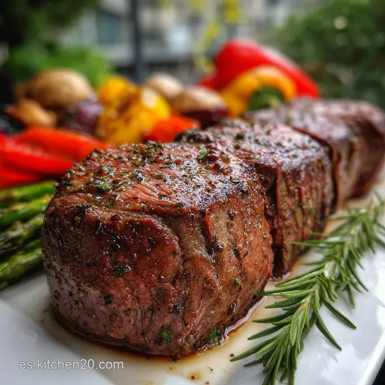 Perfectly sliced beef tenderloin atop creamy mashed potatoes, drizzled with rich sauce, garnished with fresh rosemary on a...