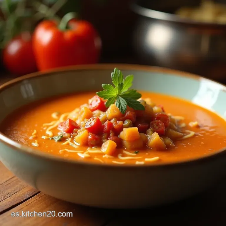 Oro Rojo De La Huerta Sopa Cremosa De Pimiento Asado Con Un Rayo De Queso De Cabra presentation