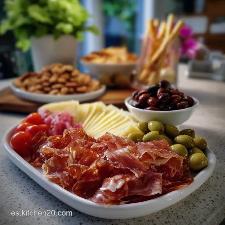 Elegant arrangement of cured meats and cheeses on a wooden board, garnished with fresh herbs and colorful fruits, a visual...