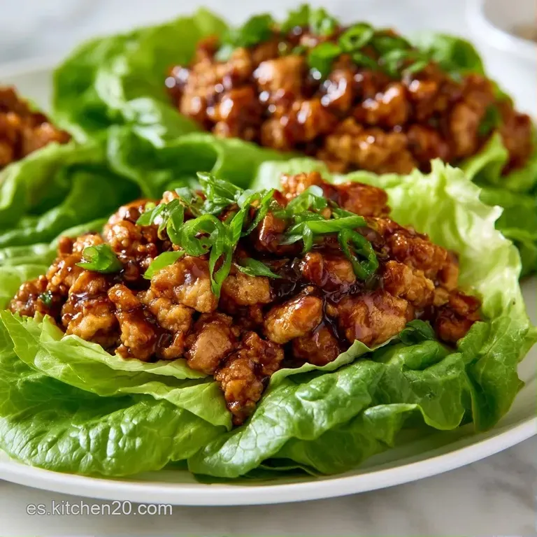 Tacos de lechuga crujiente dispuestos en plato blanco, con pavo jugoso, trozos rojos y un toque de semillas arriba.