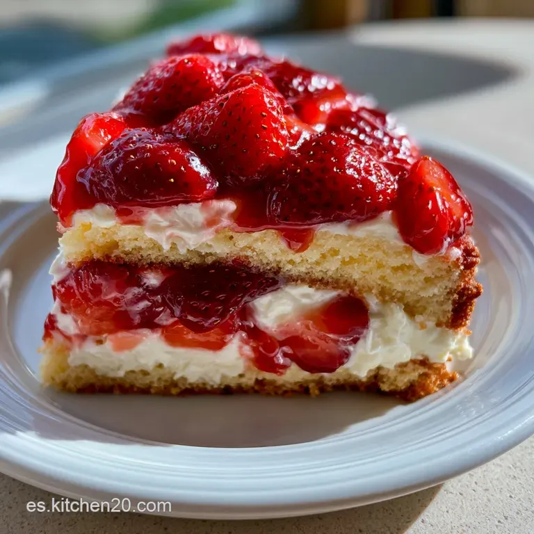 Porci&oacute;n triangular con capas de bizcocho esponjoso, crema suave y fresas frescas, adornada con una hoja de menta verde.