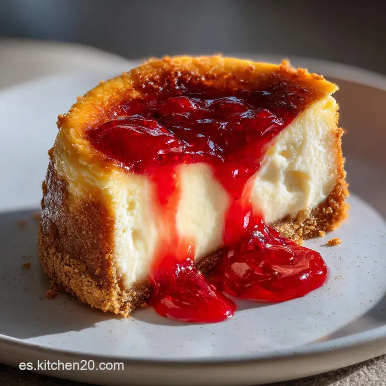 Slice of creamy cheesecake with a soft, golden crust, dusted with powdered sugar and garnished with fresh raspberries on w...